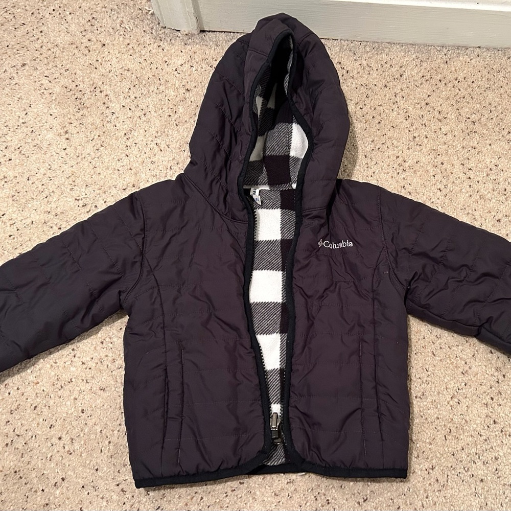 Columbia 2T / 24 mo. Reversible Black Hooded Jacket. Buffalo Plaid. VGUC.